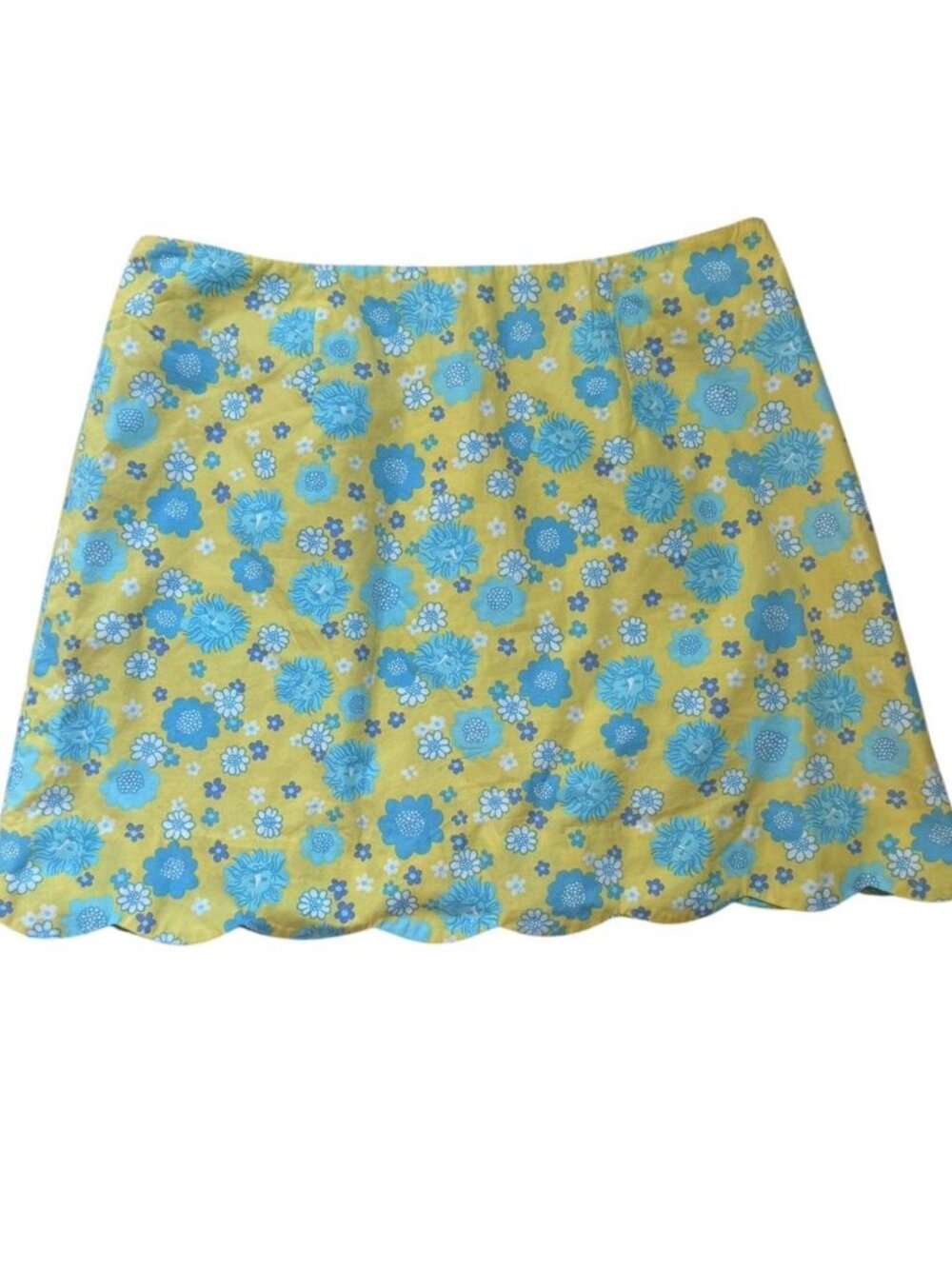 Vintage Y2K White Label Lilly Pulitzer Yellow Blue Scallop Cotton Mini Skirt, 4
